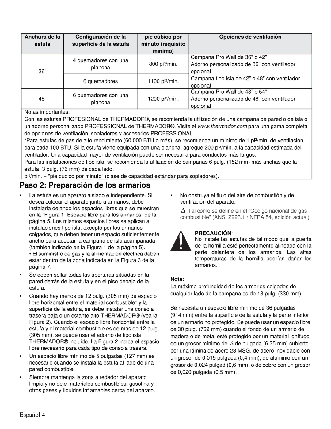 Thermador PRD36, PRD48 installation manual Paso 2 Preparación de los armarios, Nota 