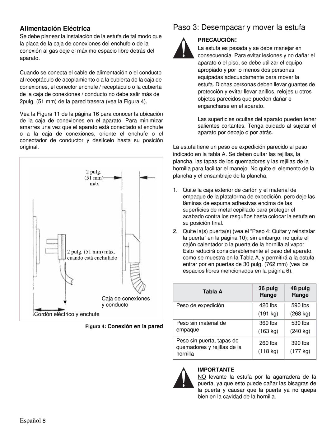 Thermador PRD36, PRD48 installation manual Paso 3 Desempacar y mover la estufa, Tabla a Pulg Range 