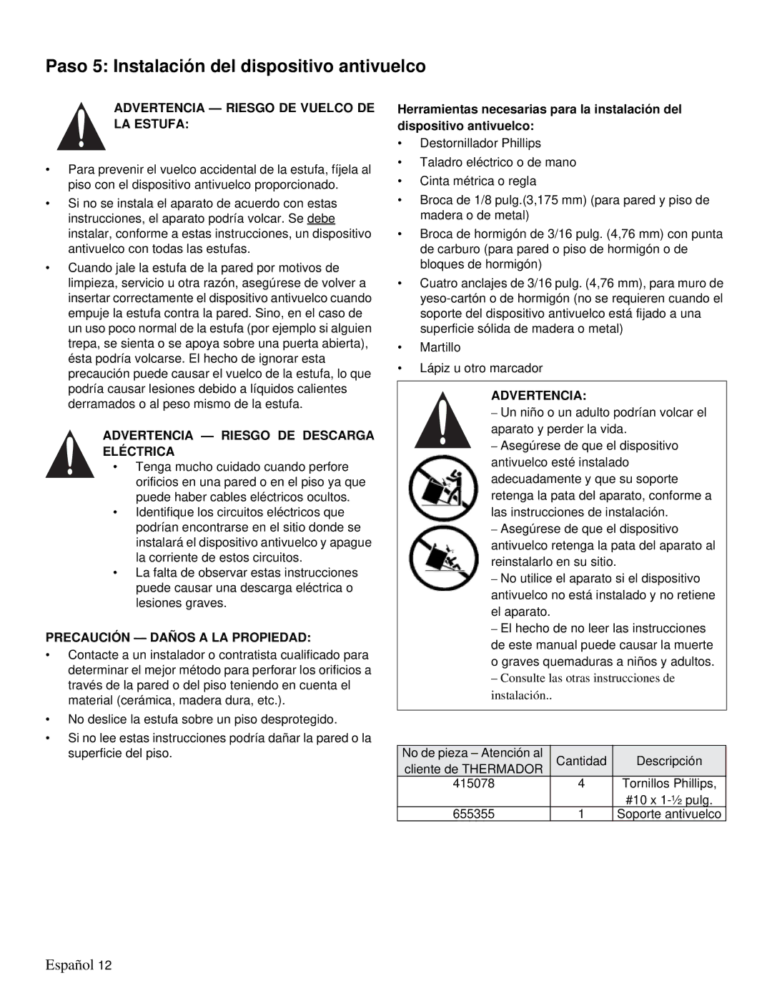 Thermador PRD36, PRD48 Paso 5 Instalación del dispositivo antivuelco, Advertencia Riesgo DE Vuelco DE LA Estufa 