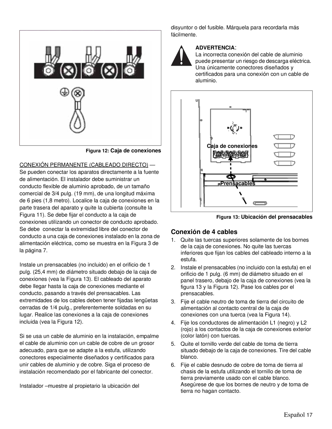 Thermador PRD48, PRD36 installation manual Conexión de 4 cables, Caja de conexiones Prensacables 