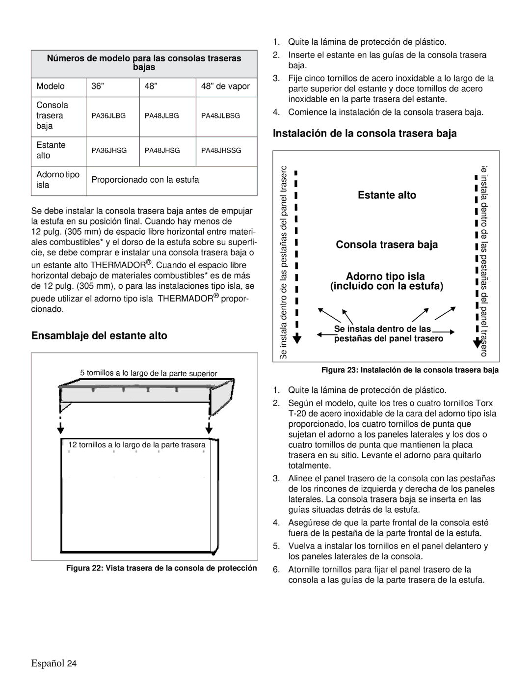 Thermador PRD36, PRD48 Ensamblaje del estante alto, Estante alto, Números de modelo para las consolas traseras Bajas 