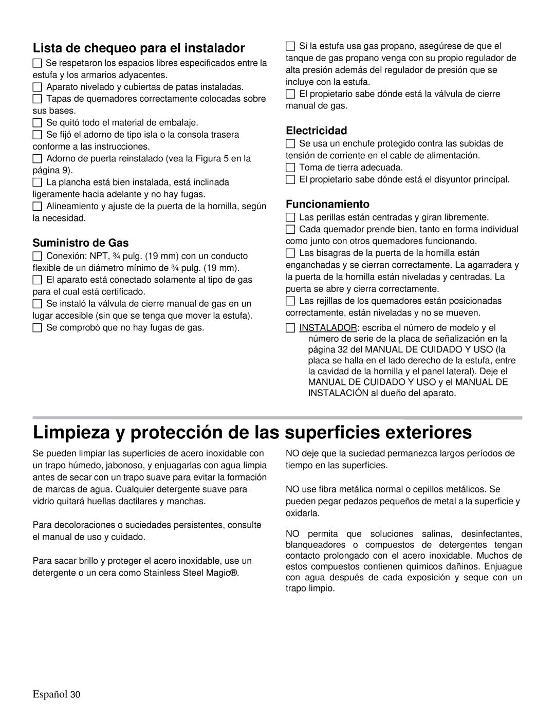 Thermador PRD36, PRD48 installation manual Lista de chequeo para el instalador, Electricidad, Funcionamiento 