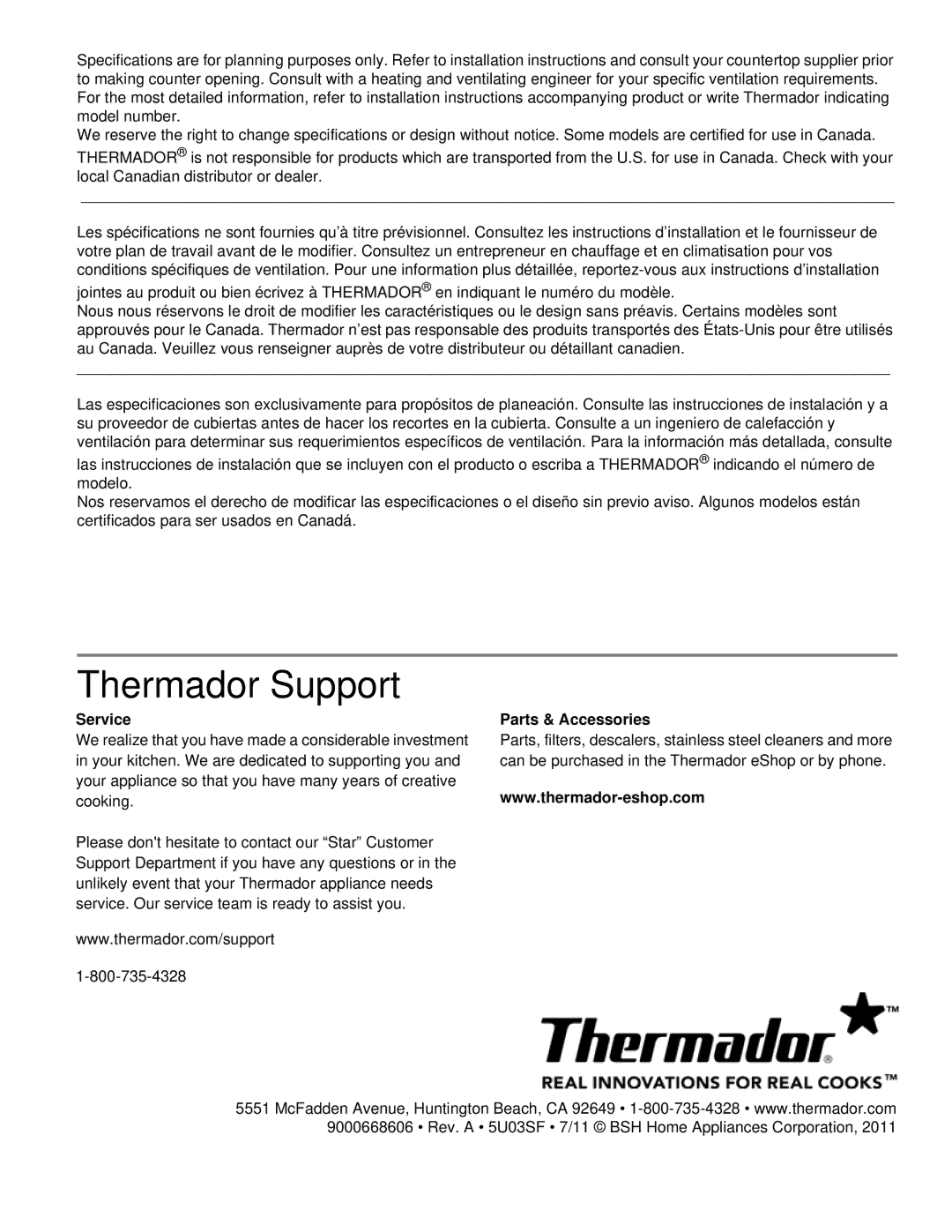 Thermador PRD36, PRD48 installation manual Thermador Support, Service Parts & Accessories 