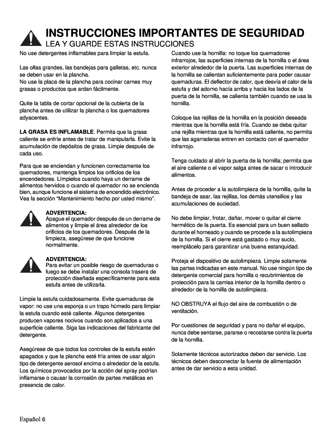 Thermador PRD48, PRD36 manual Instrucciones Importantes De Seguridad, Lea Y Guarde Estas Instrucciones, Español, Advertencia 