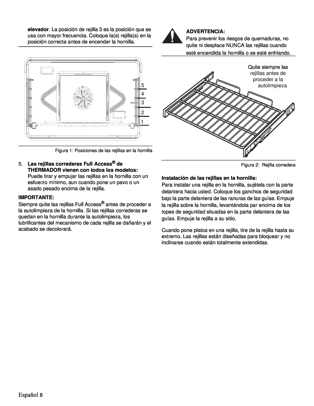Thermador PRD48, PRD36 manual Español, Advertencia, Importante, Instalación de las rejillas en la hornilla 