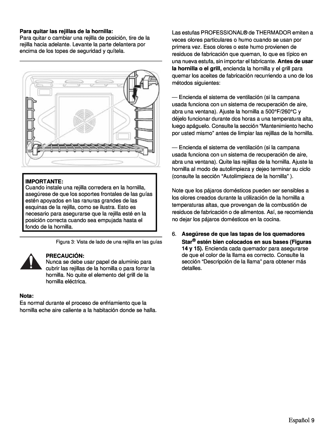 Thermador PRD36, PRD48 manual Español, Para quitar las rejillas de la hornilla, Importante, Precaución, Nota 