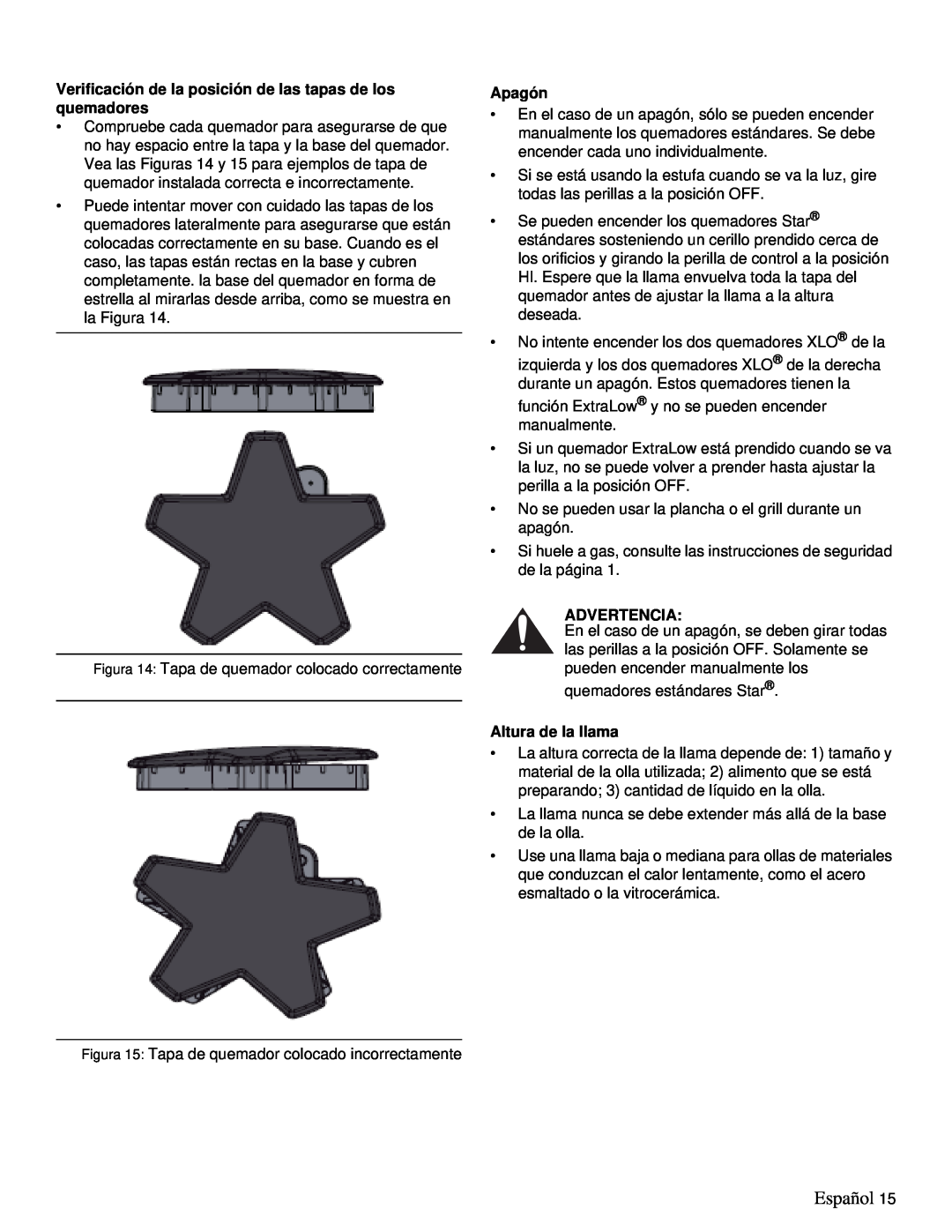Thermador PRD36, PRD48 manual Español, Apagón, Advertencia, Altura de la llama 