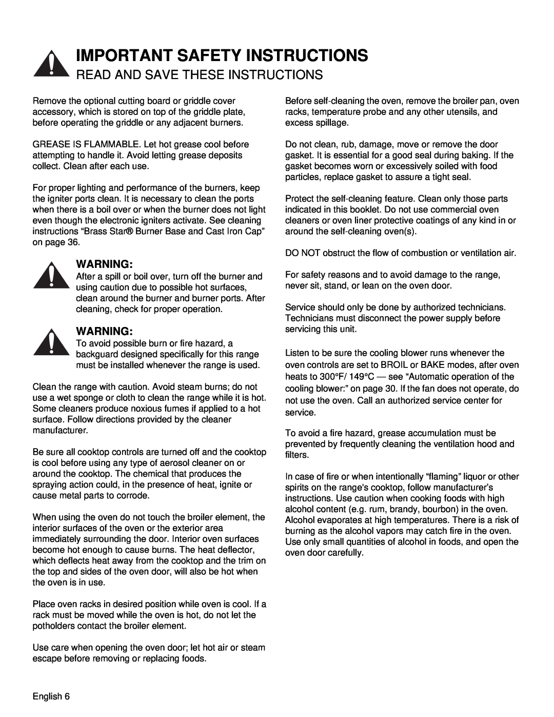 Thermador PRD36, PRD48 manual Important Safety Instructions, Read And Save These Instructions, English 