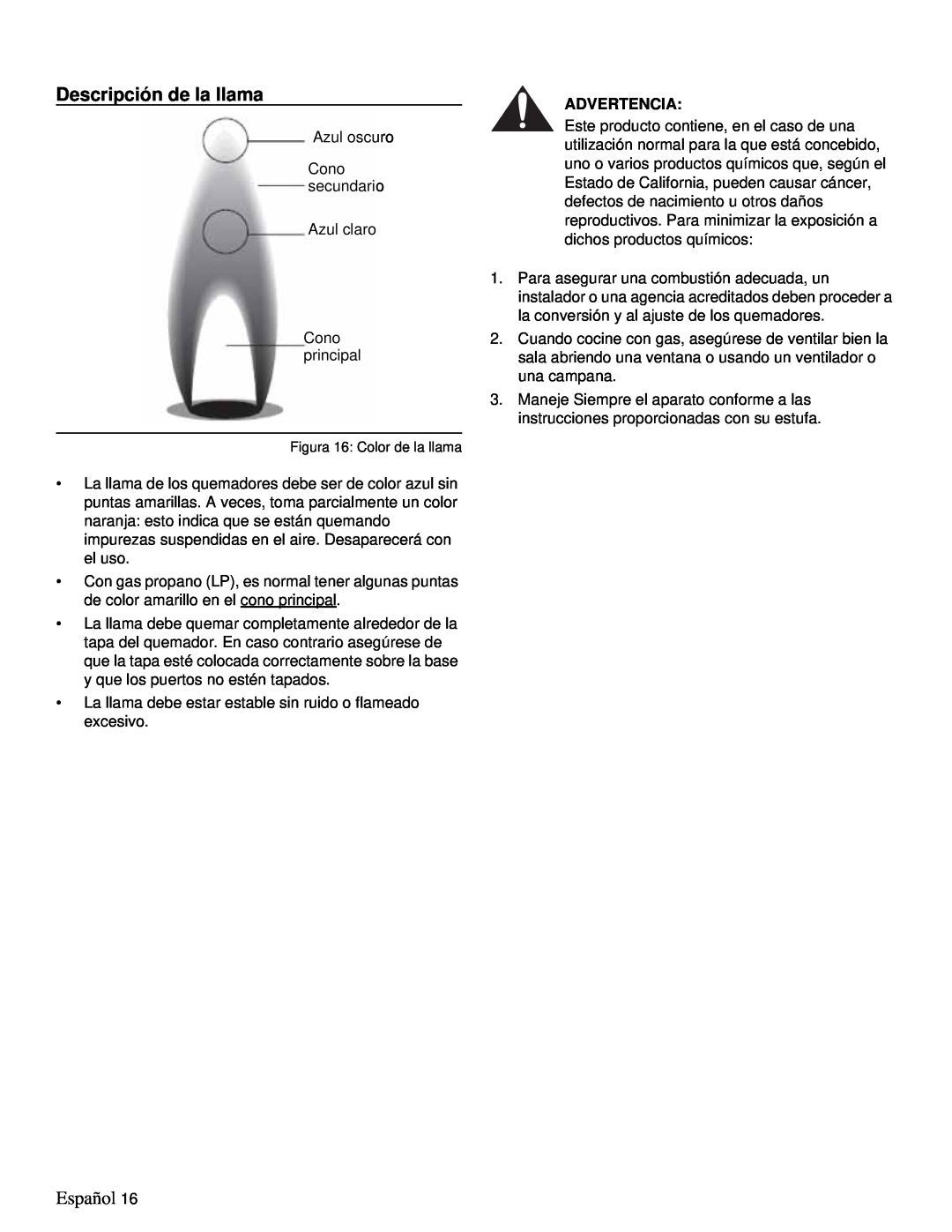 Thermador PRD48, PRD36 manual Descripción de la llama, Español, Advertencia 