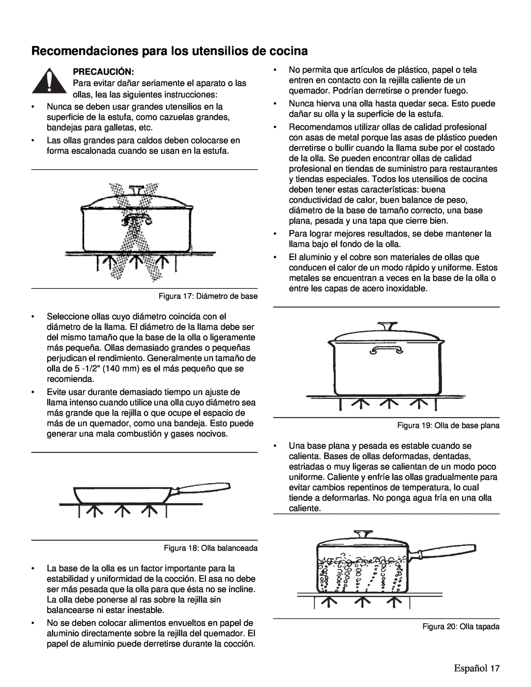 Thermador PRD36, PRD48 Recomendaciones para los utensilios de cocina, Español, Precaución, Figura 17: Diámetro de base 