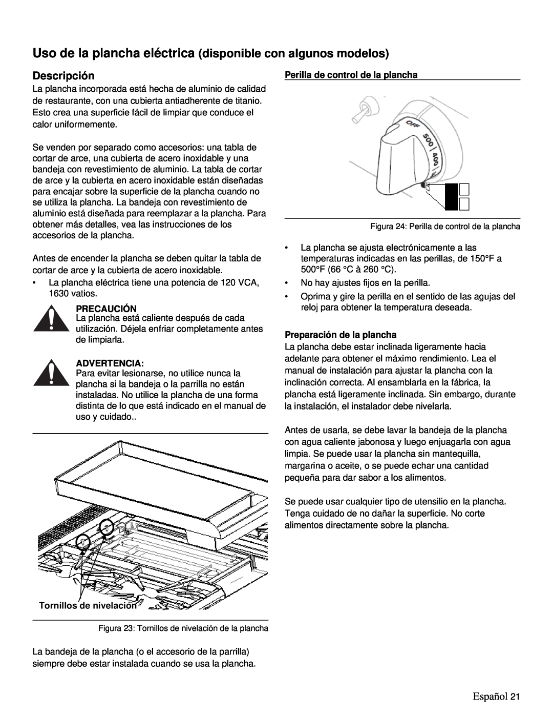 Thermador PRD36 Descripción, Español, Precaución, Advertencia, Perilla de control de la plancha, Preparación de la plancha 