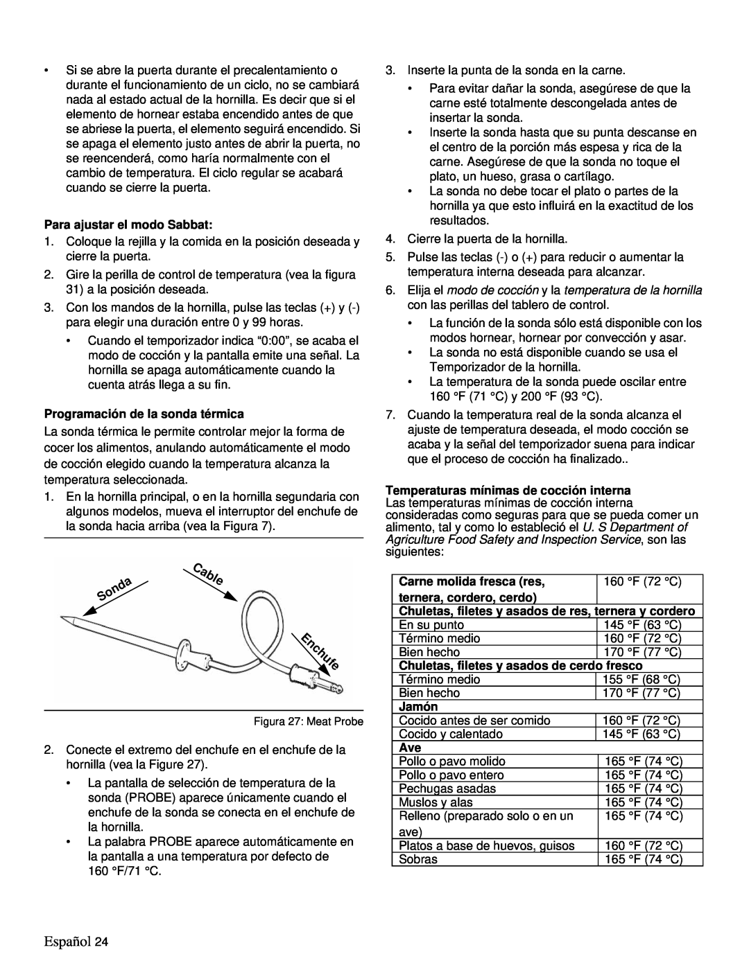 Thermador PRD48 Enchufe, Español, Para ajustar el modo Sabbat, Programación de la sonda térmica, Carne molida fresca res 