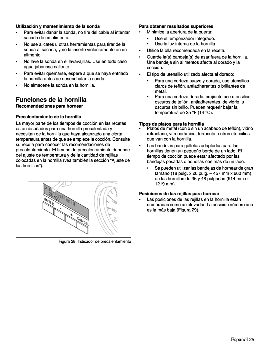 Thermador PRD36 Funciones de la hornilla, Español, Utilización y mantenimiento de la sonda, Recomendaciones para hornear 