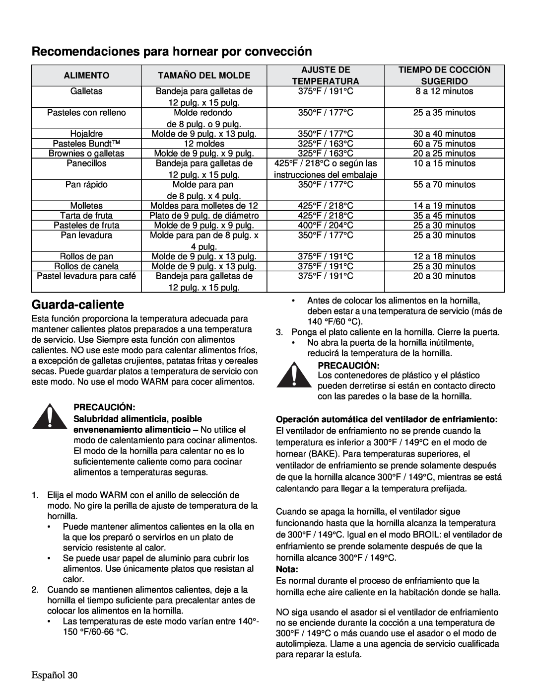 Thermador PRD48 Recomendaciones para hornear por convección, Guarda-caliente, Español, Alimento, Tamaño Del Molde, Nota 