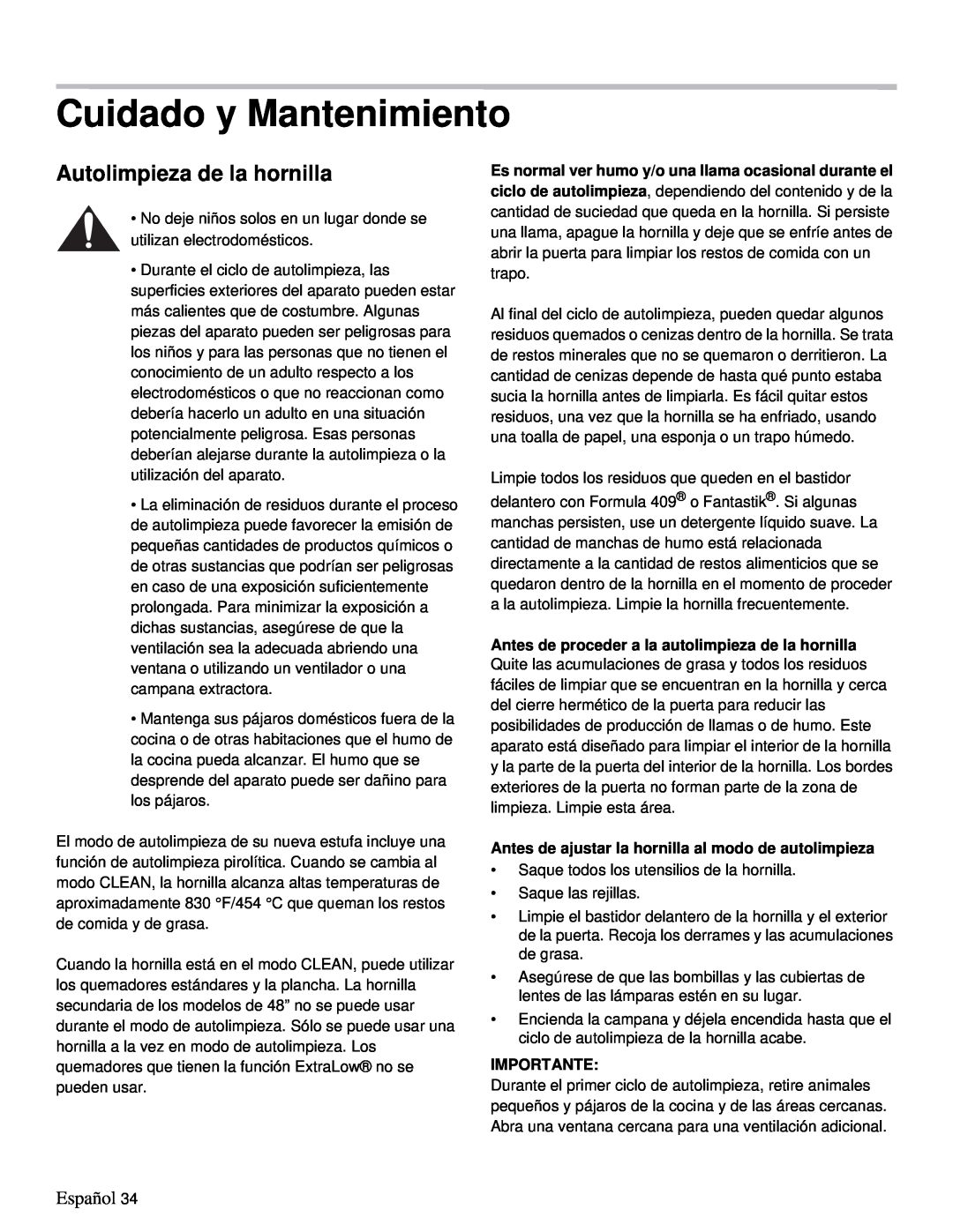 Thermador PRD48, PRD36 manual Cuidado y Mantenimiento, Autolimpieza de la hornilla, Español, Importante 