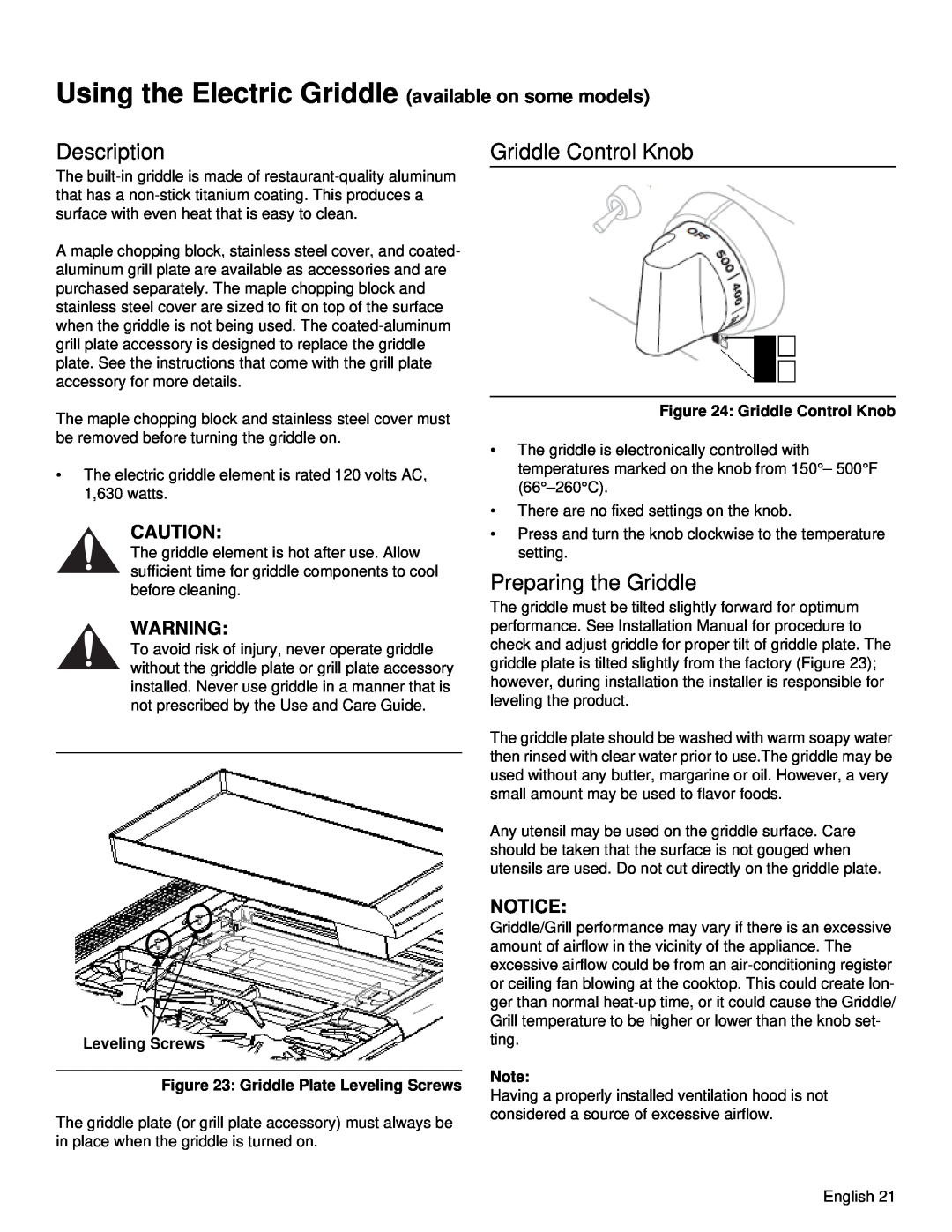 Thermador PRD48, PRD36 manual Description, Preparing the Griddle, Griddle Control Knob, Notice, Leveling Screws 