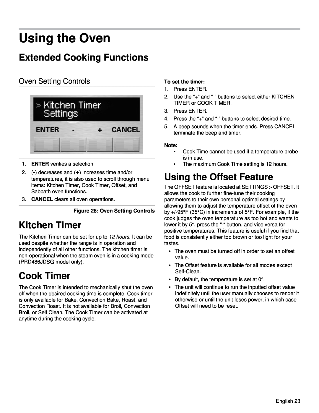 Thermador PRD48, PRD36 Using the Oven, Extended Cooking Functions, Kitchen Timer, Cook Timer, Using the Offset Feature 