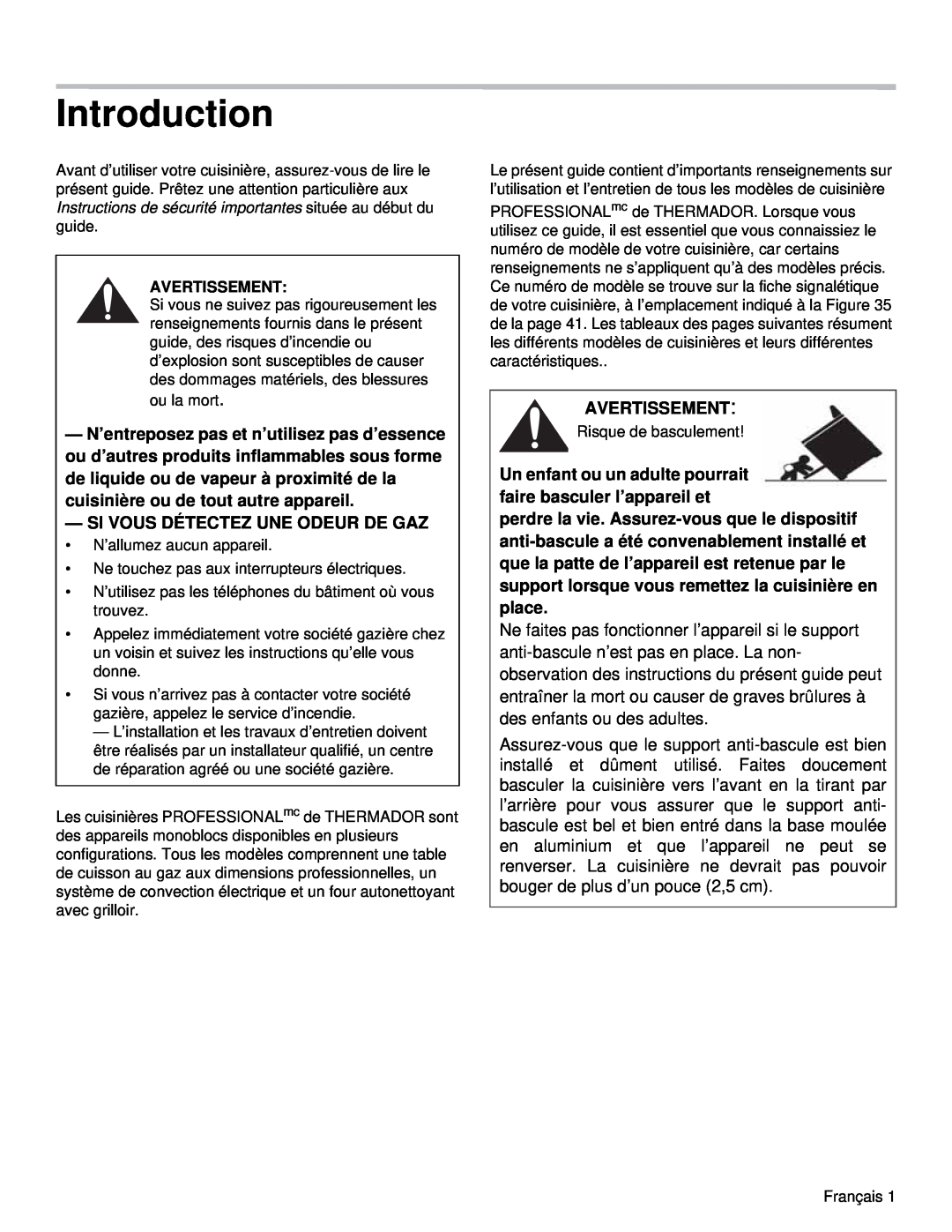 Thermador PRD48, PRD36 manual Introduction, Si Vous Détectez Une Odeur De Gaz, Avertissement 