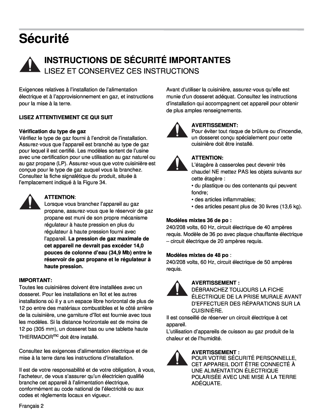 Thermador PRD36 Instructions De Sécurité Importantes, Lisez Et Conservez Ces Instructions, Vérification du type de gaz 