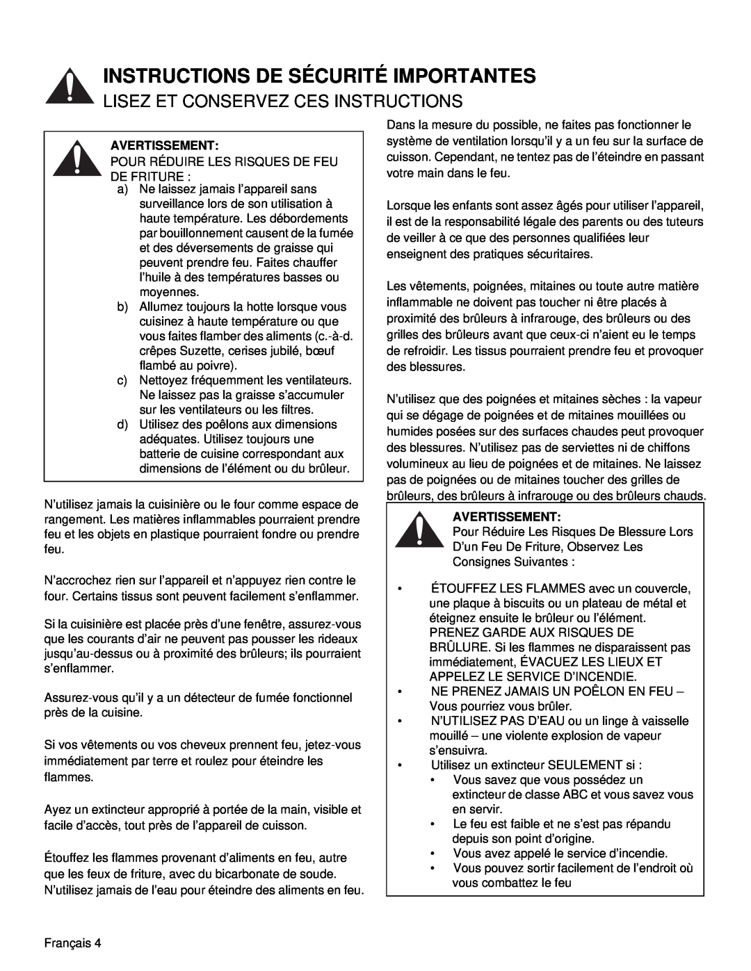 Thermador PRD36, PRD48 manual Instructions De Sécurité Importantes, Lisez Et Conservez Ces Instructions, Avertissement 