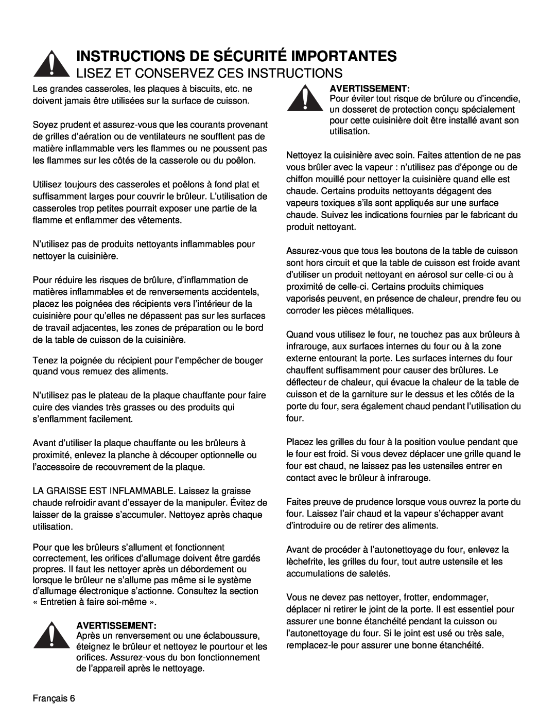 Thermador PRD36, PRD48 Instructions De Sécurité Importantes, Lisez Et Conservez Ces Instructions, Avertissement, Français 