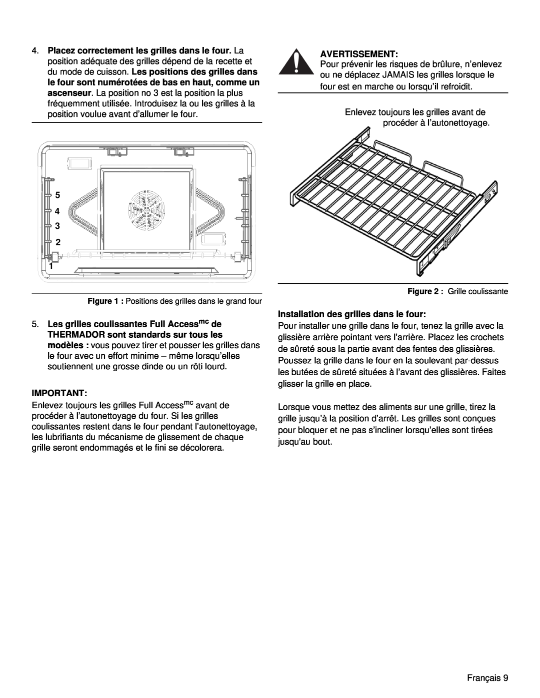 Thermador PRD48, PRD36 manual 5 4 3 2 1, Avertissement, Installation des grilles dans le four 