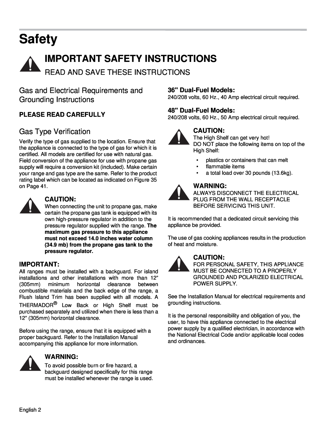 Thermador PRD36, PRD48 manual Important Safety Instructions, Read And Save These Instructions, Gas Type Verification 