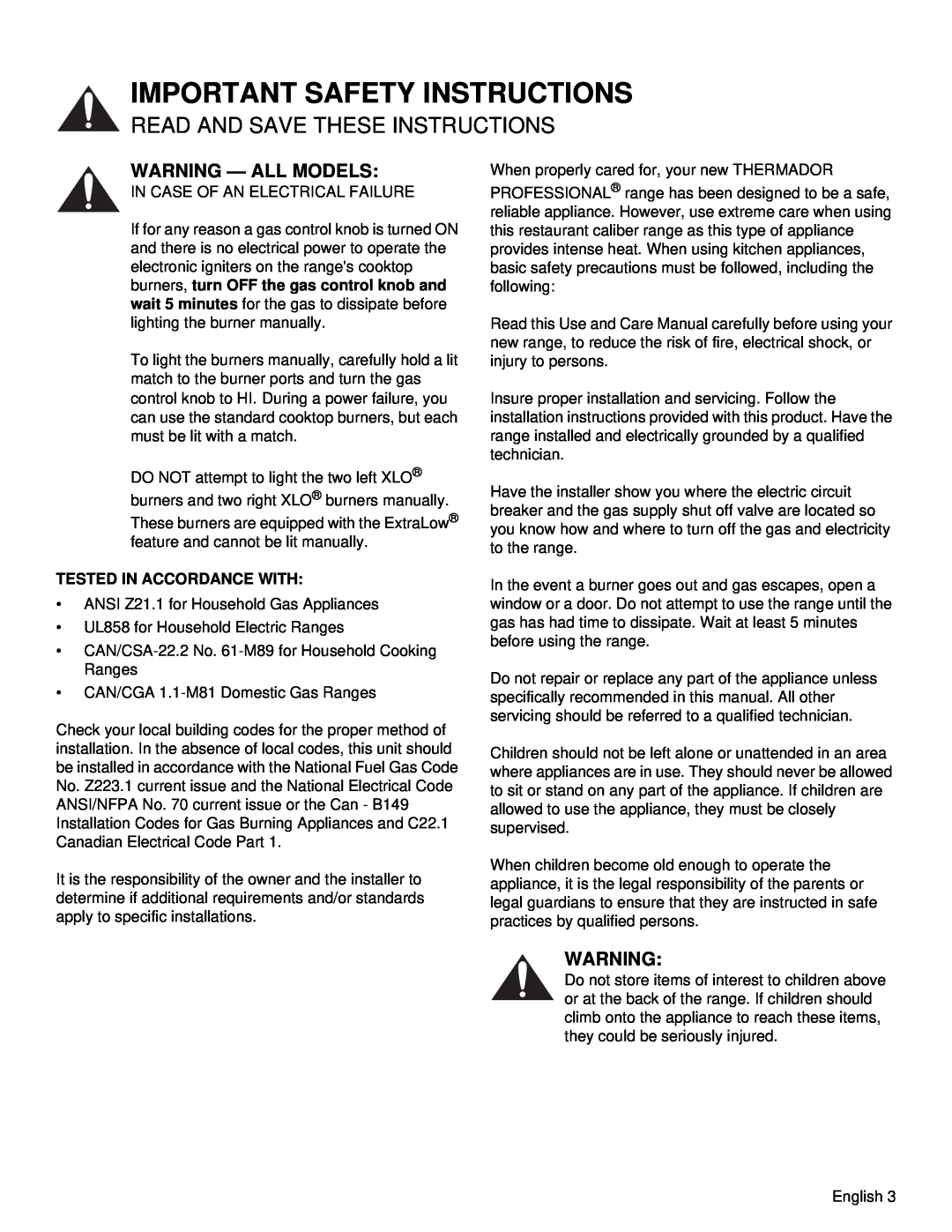 Thermador PRD48, PRD36 manual Warning — All Models, Important Safety Instructions, Read And Save These Instructions 