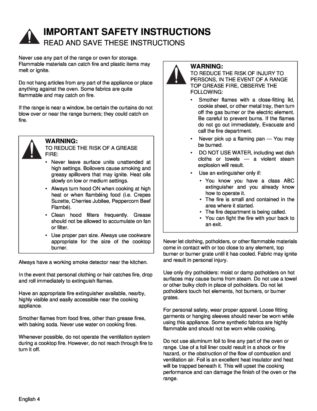 Thermador PRD36 manual Important Safety Instructions, Read And Save These Instructions, To Reduce The Risk Of A Grease Fire 