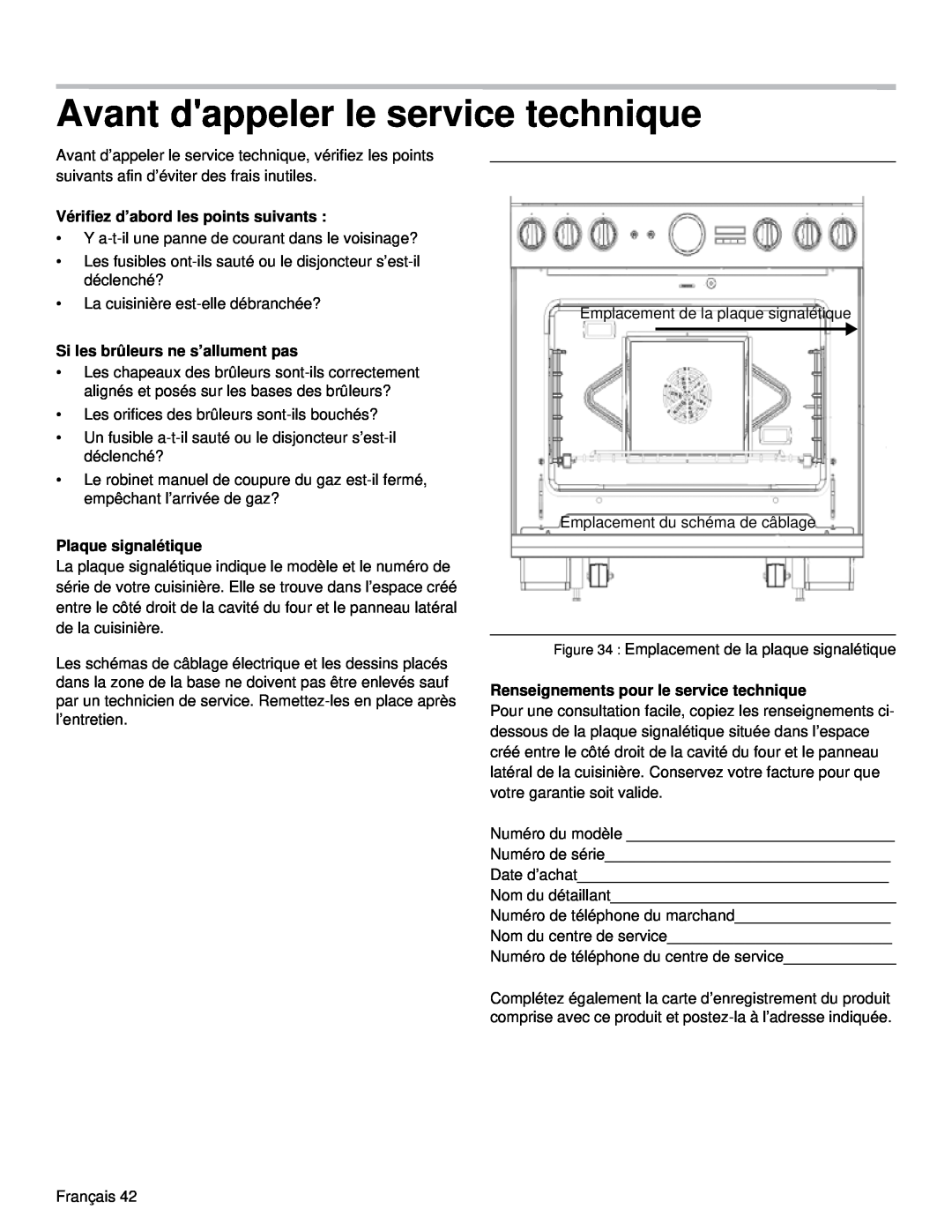 Thermador PRD36, PRD48 manual Avant dappeler le service technique, Vérifiez d’abord les points suivants, Plaque signalétique 
