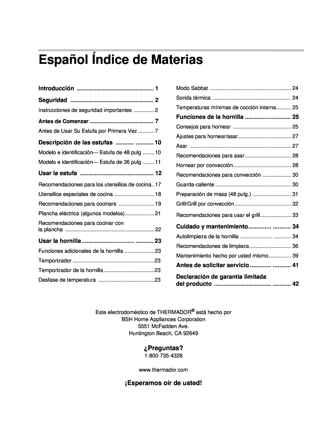 Thermador PRD48, PRD36 manual Español Índice de Materias, ¿Preguntas?, ¡Esperamos oír de usted 