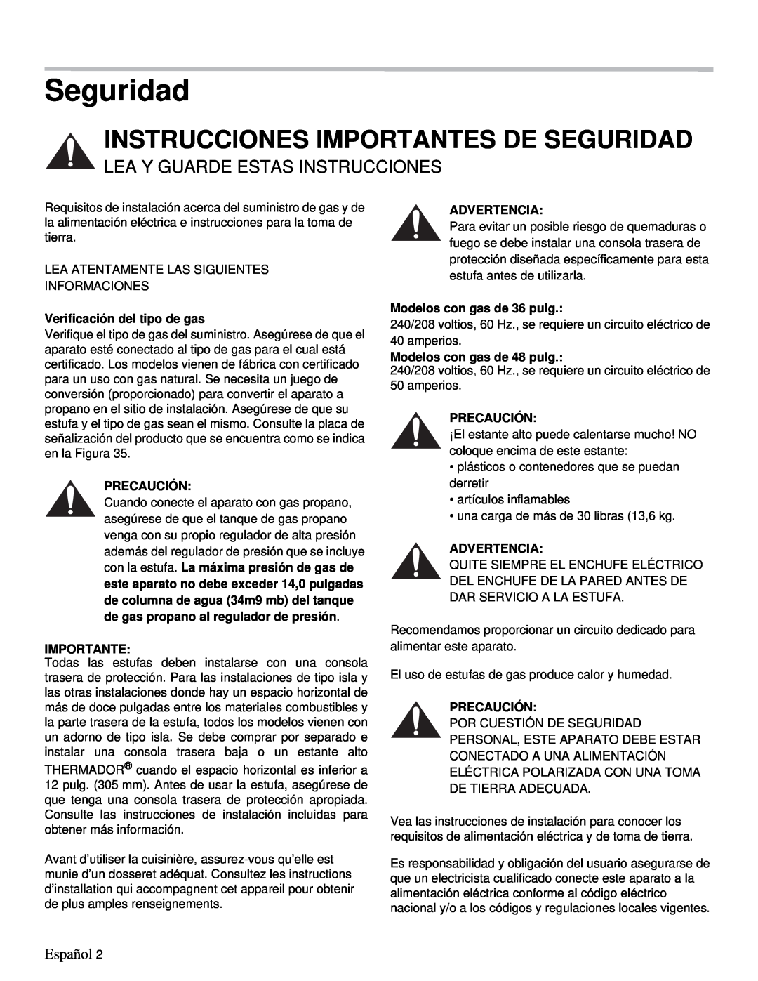 Thermador PRD48, PRD36 Instrucciones Importantes De Seguridad, Lea Y Guarde Estas Instrucciones, Español, Precaución 