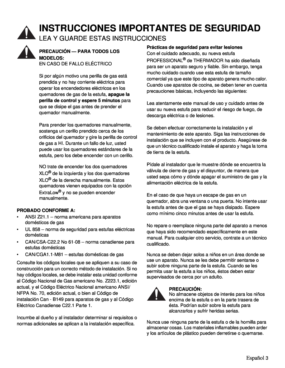 Thermador PRD36 Instrucciones Importantes De Seguridad, Lea Y Guarde Estas Instrucciones, Español, Probado Conforme A 