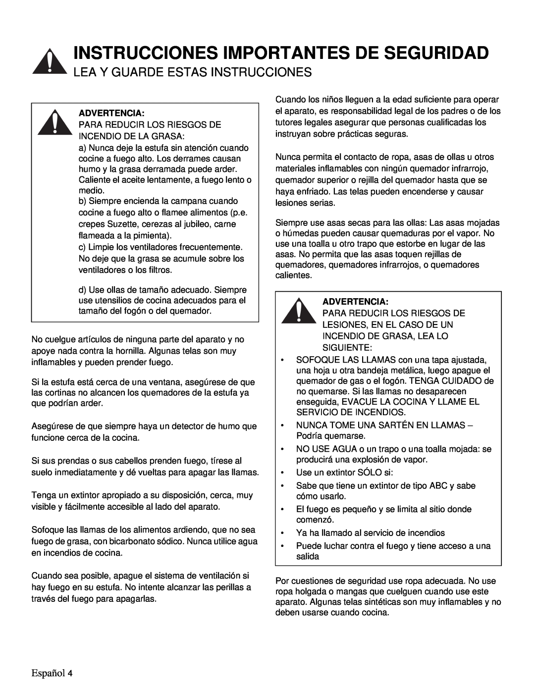 Thermador PRD48, PRD36 manual Instrucciones Importantes De Seguridad, Lea Y Guarde Estas Instrucciones, Español, Advertencia 