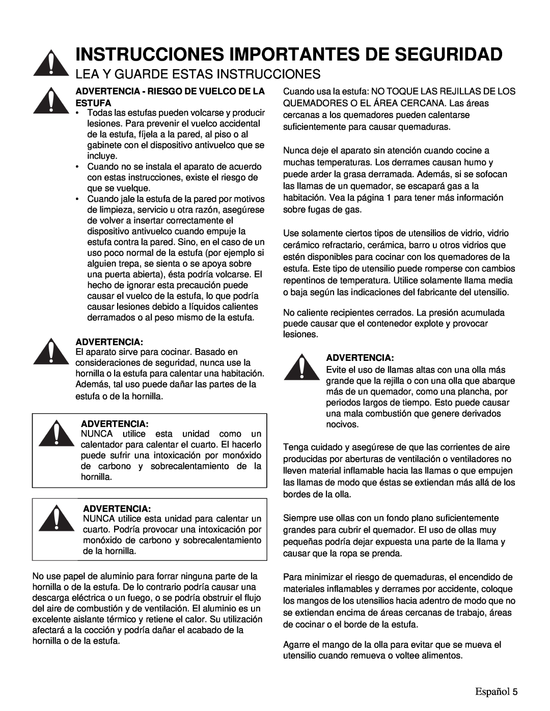 Thermador PRD36, PRD48 manual Instrucciones Importantes De Seguridad, Lea Y Guarde Estas Instrucciones, Español, Advertencia 