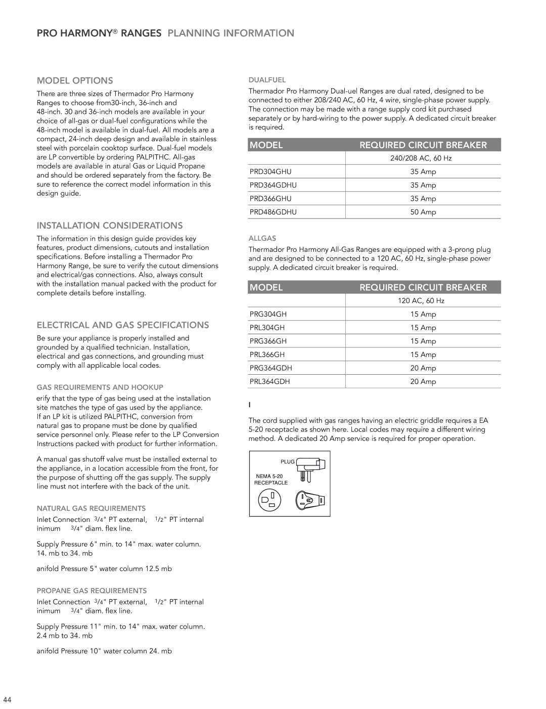 Thermador PRD486GDHU manual PRO hARMONY Ranges PLANNiNG iNFORMATiON, Model OPTiONS, INSTALLATiON cONSiDERATiONS 