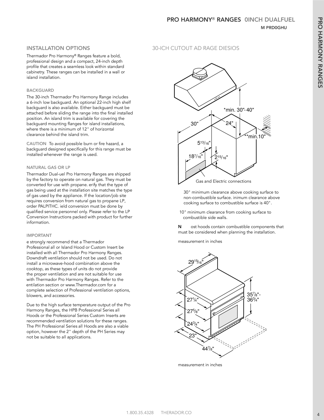 Thermador PRD486GDHU manual INSTALLATiON OPTiONS, Inch CuTOuT and Range Dimensions, BAckGuARD, NATuRAL GAS or LP 