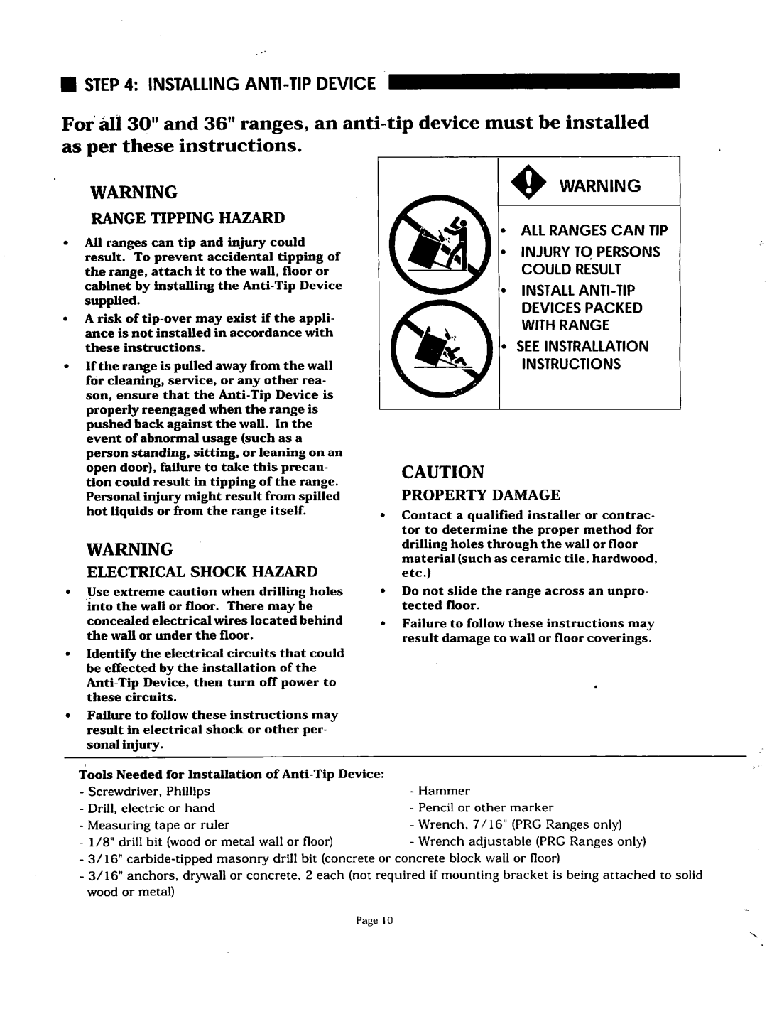 Thermador PRDS36, PRG304, PRDS48, PRDS304 Installing ANTI-TIP Device, Range Tipping Hazard, ALL Ranges can TIP 