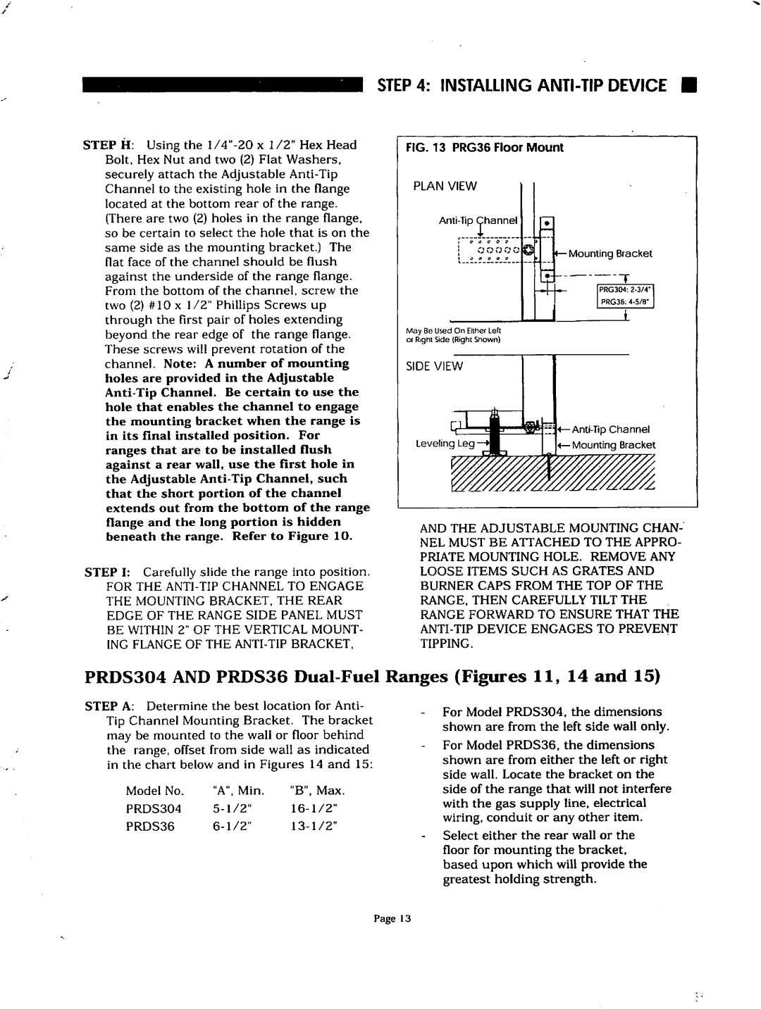 Thermador PRG304, PRDS48 installation instructions PRDS304 and PRDS36 Dual-Fuel Ranges Figures 11, 14 