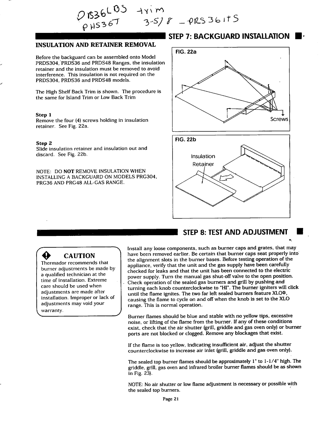 Thermador PRDS304, PRDS36, PRG304, PRDS48 installation instructions Test and Adjustment 