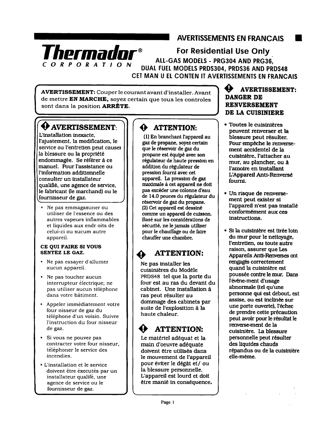 Thermador PRDS304, PRDS36, PRG304 Avertissements EN Francais, Avertissement Danger DE Renversement, CE QUI Faire SI Vous 