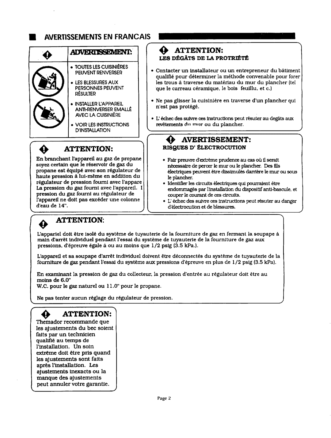 Thermador PRDS36, PRG304, PRDS48 LES Degats DE LA Protriete, Avertissement, Touteslescuisinieres, Risques D* Electrocution 