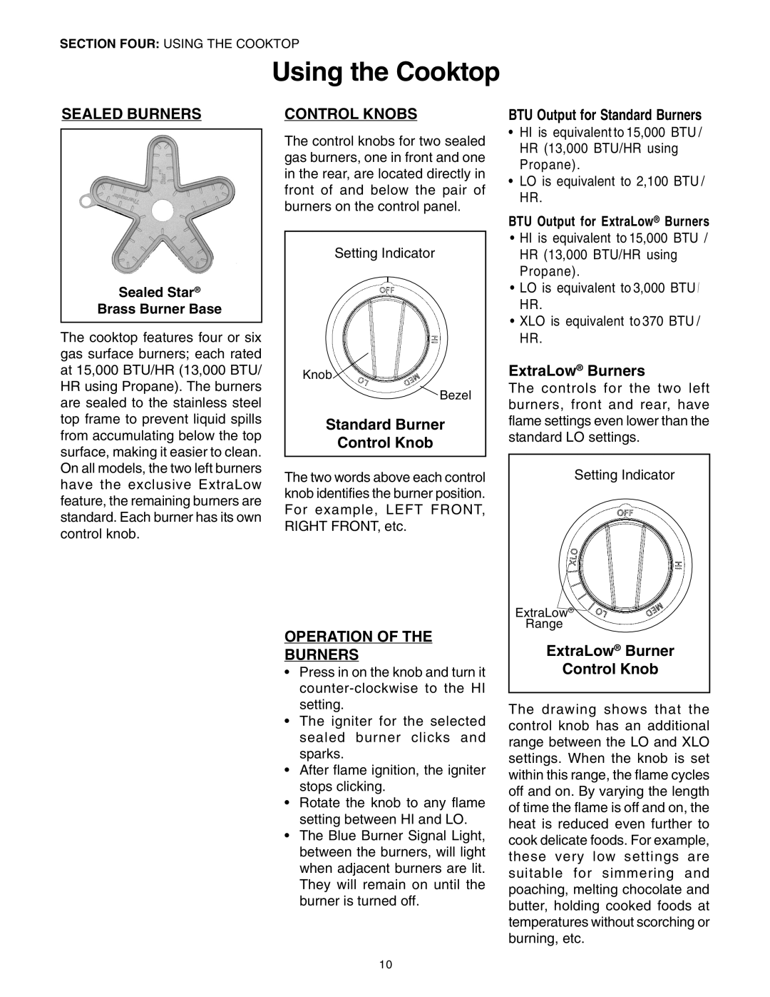 Thermador PRG30, PRG36 manual Using the Cooktop, Sealed Burners, Operation Burners 