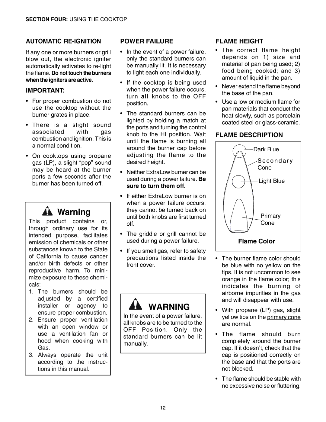 Thermador PRG30, PRG36 manual Automatic RE-IGNITION, Power Failure, Flame Height, Flame Description, Flame Color 