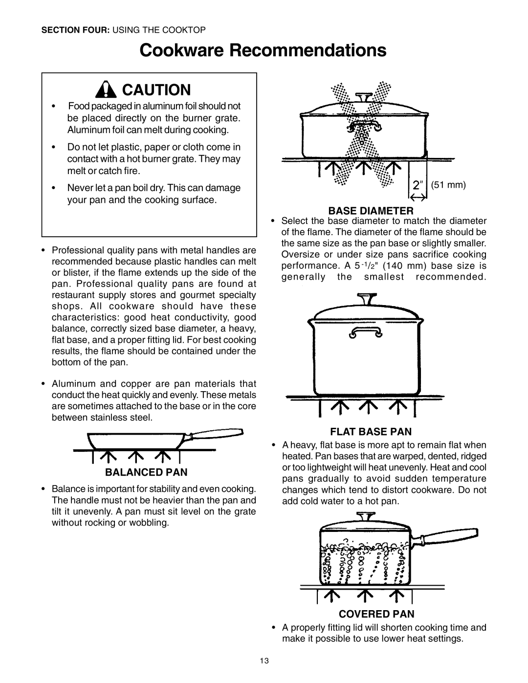 Thermador PRG36, PRG30 manual Cookware Recommendations, Balanced PAN, Base Diameter, Flat Base PAN, Covered PAN 