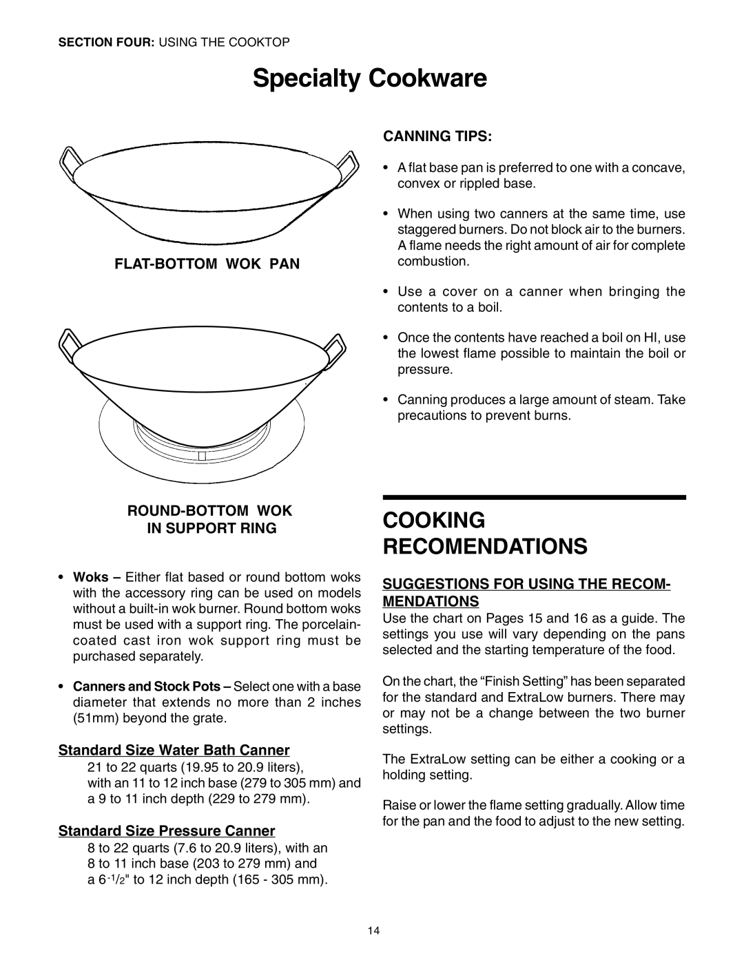 Thermador PRG30, PRG36 manual Specialty Cookware, Canning Tips, Flat-Bottom Wok Pan, ROUND-BOTTOM WOK in Support Ring 