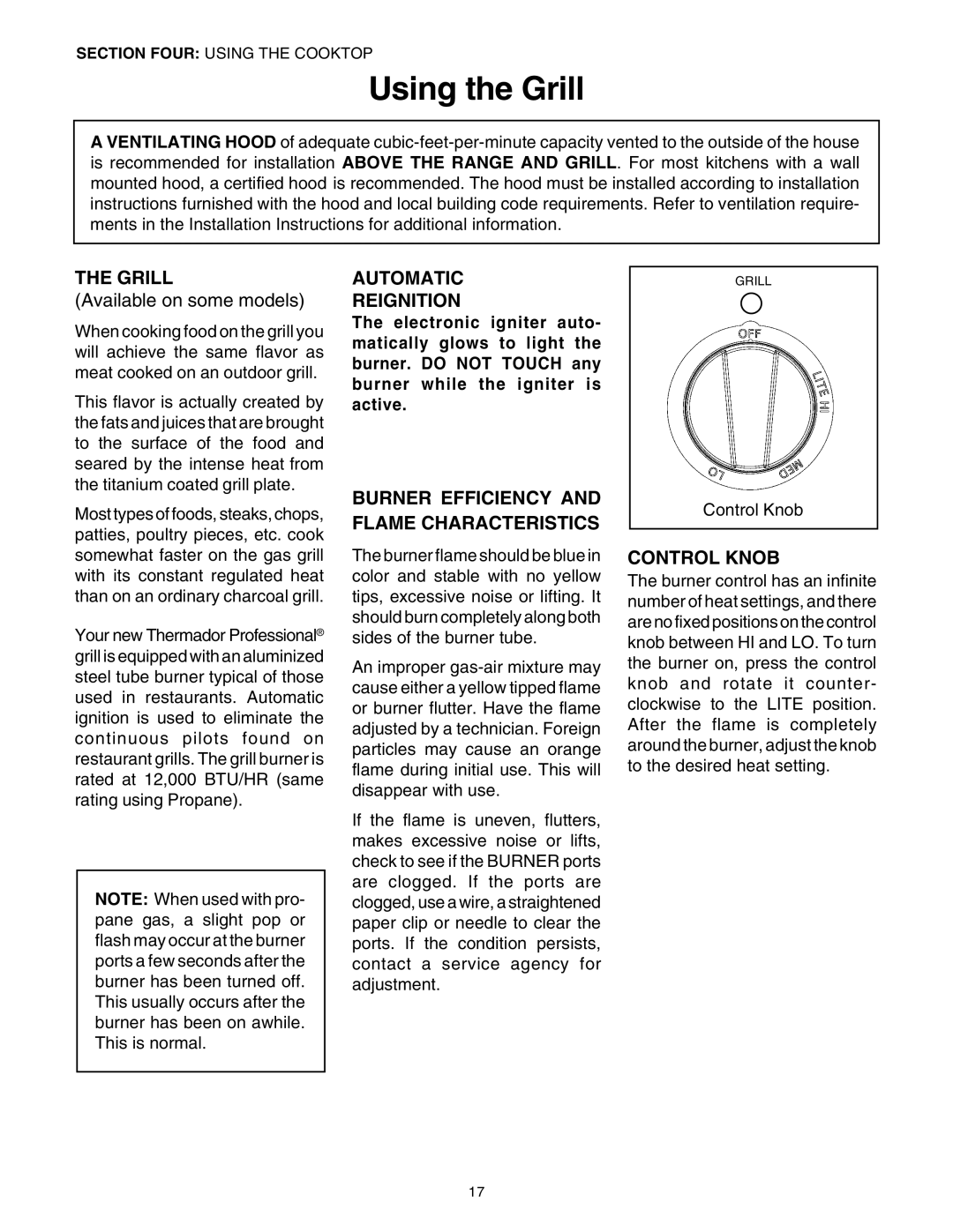 Thermador PRG36, PRG30 Using the Grill, Automatic Reignition, Burner Efficiency and Flame Characteristics, Control Knob 