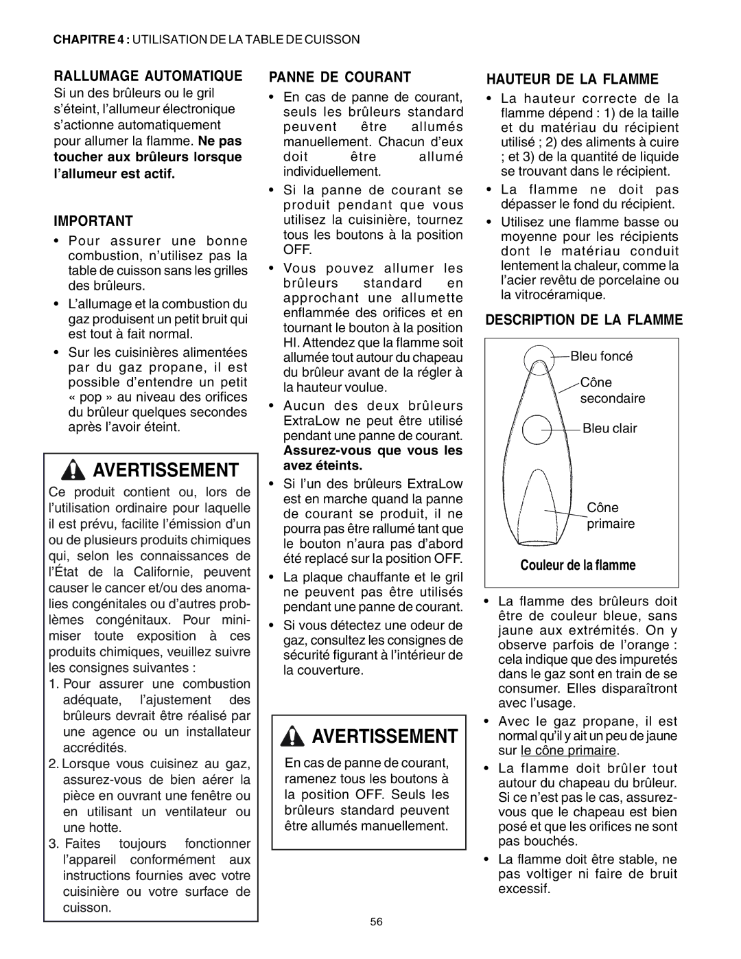 Thermador PRG30, PRG36 manual Rallumage Automatique, Panne DE Courant, Hauteur DE LA Flamme, Description DE LA Flamme 