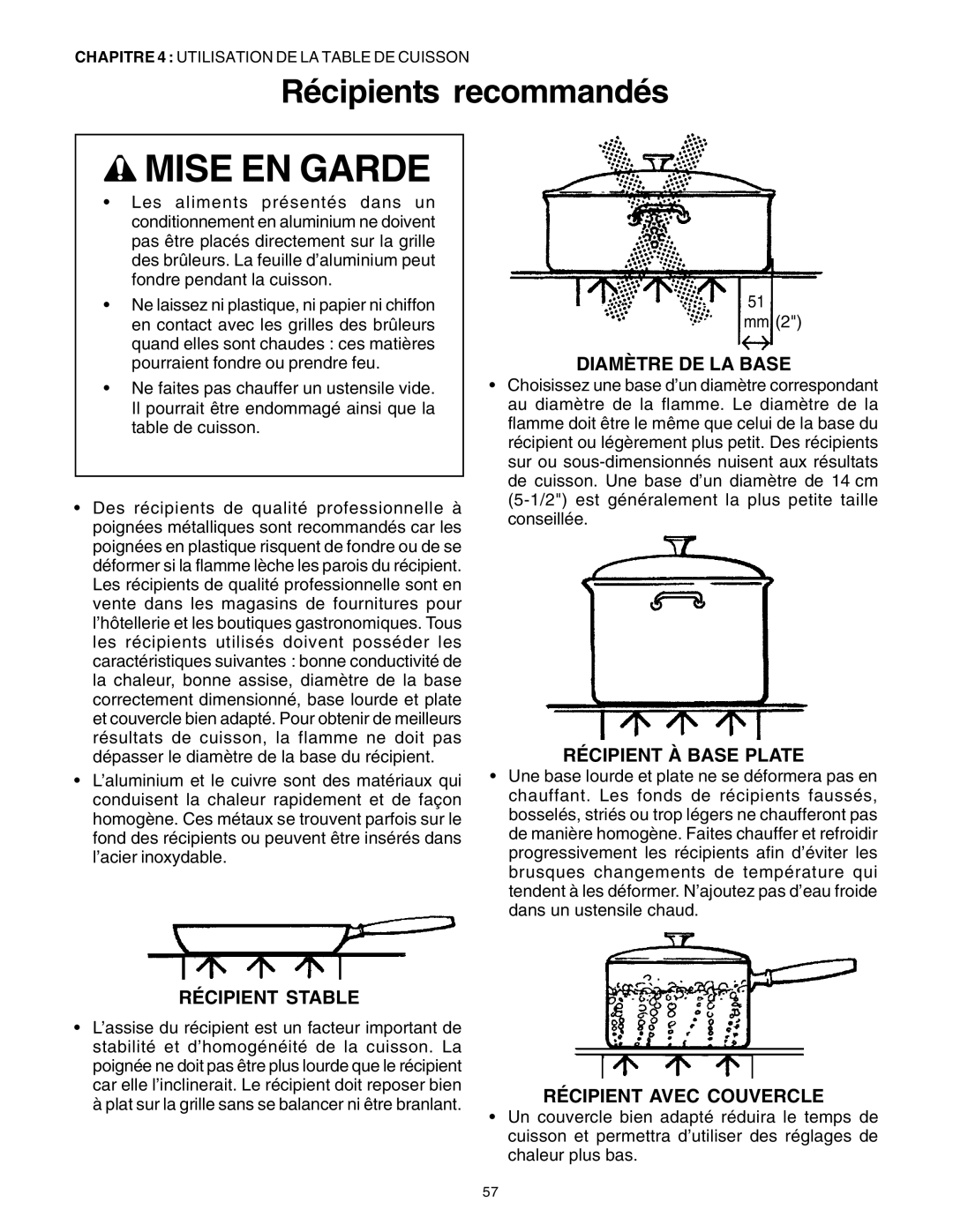 Thermador PRG36, PRG30 manual Récipients recommandés, Diamètre DE LA Base, Récipient À Base Plate, Récipient Stable 