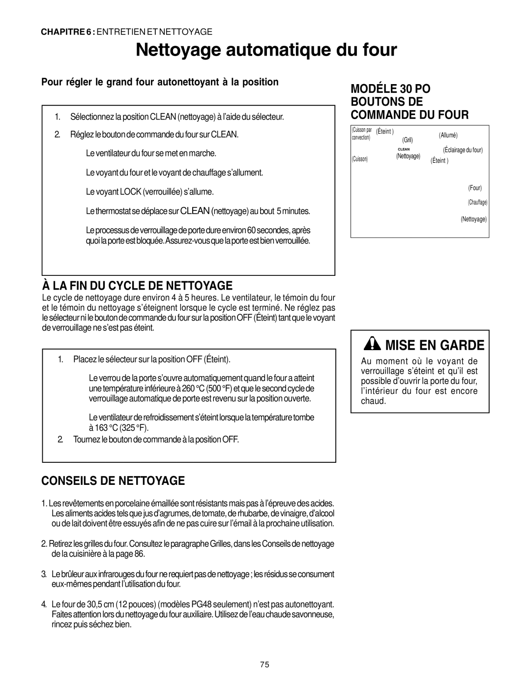 Thermador PRG36, PRG30 manual Modéle 30 PO, LA FIN DU Cycle DE Nettoyage, Conseils DE Nettoyage, Boutons DE Commande DU Four 